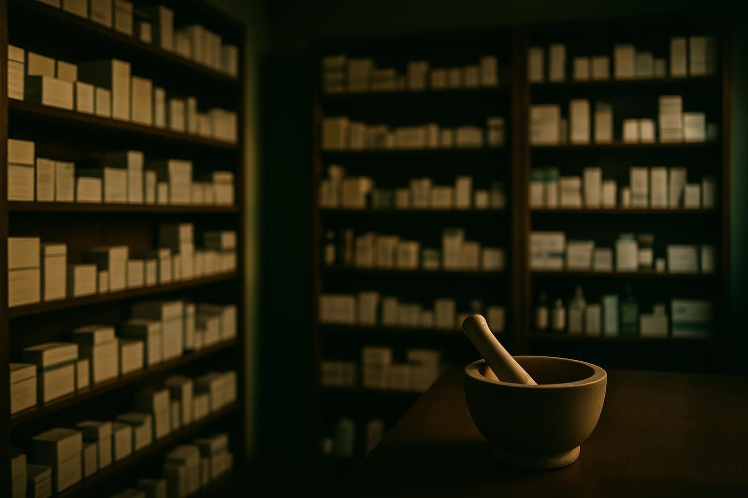 Interior de una farmacia de barrio con anaqueles ordenados