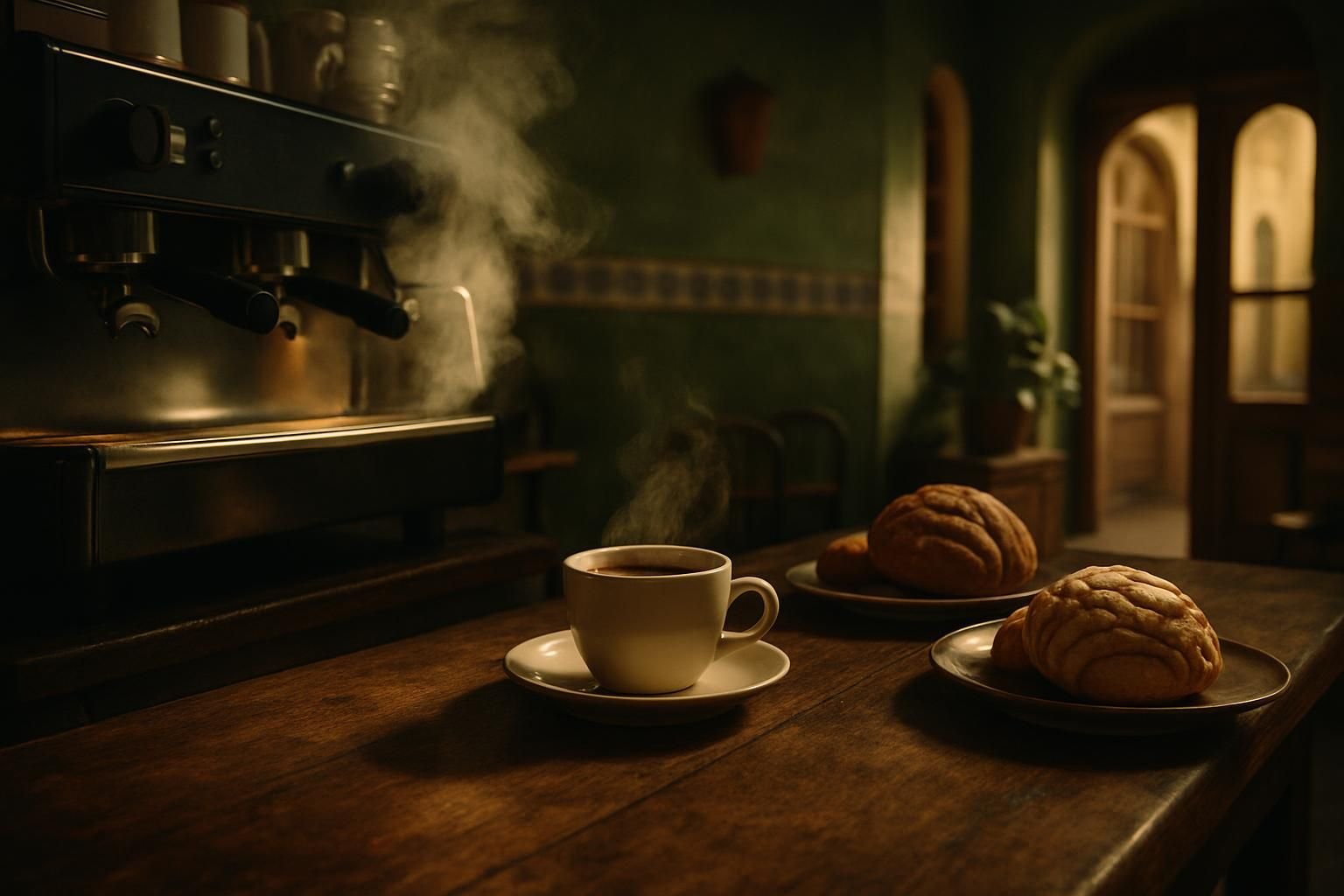 Interior acogedor de una cafetería local con café y pan dulce